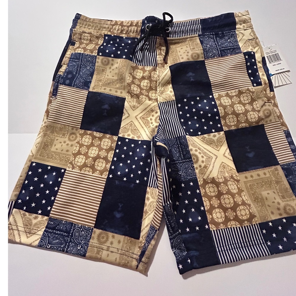 Fresh Prints of Bel-Air Mens Patchwork Shorts Ecru Navy Paisley Stars